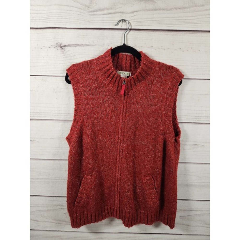 Orvis Women's Red Knit Stretch Sleeveless Pockets Full‎ Zip Vest Size Large